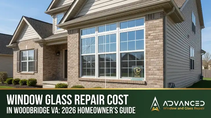 Window glass repair cost guide by Advanced Window & Glass Repair in Woodbridge VA showing pricing factors for 2026