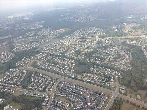 A birds-eye view of a residential part of Bristow (Victory Lakes Neighborhood)