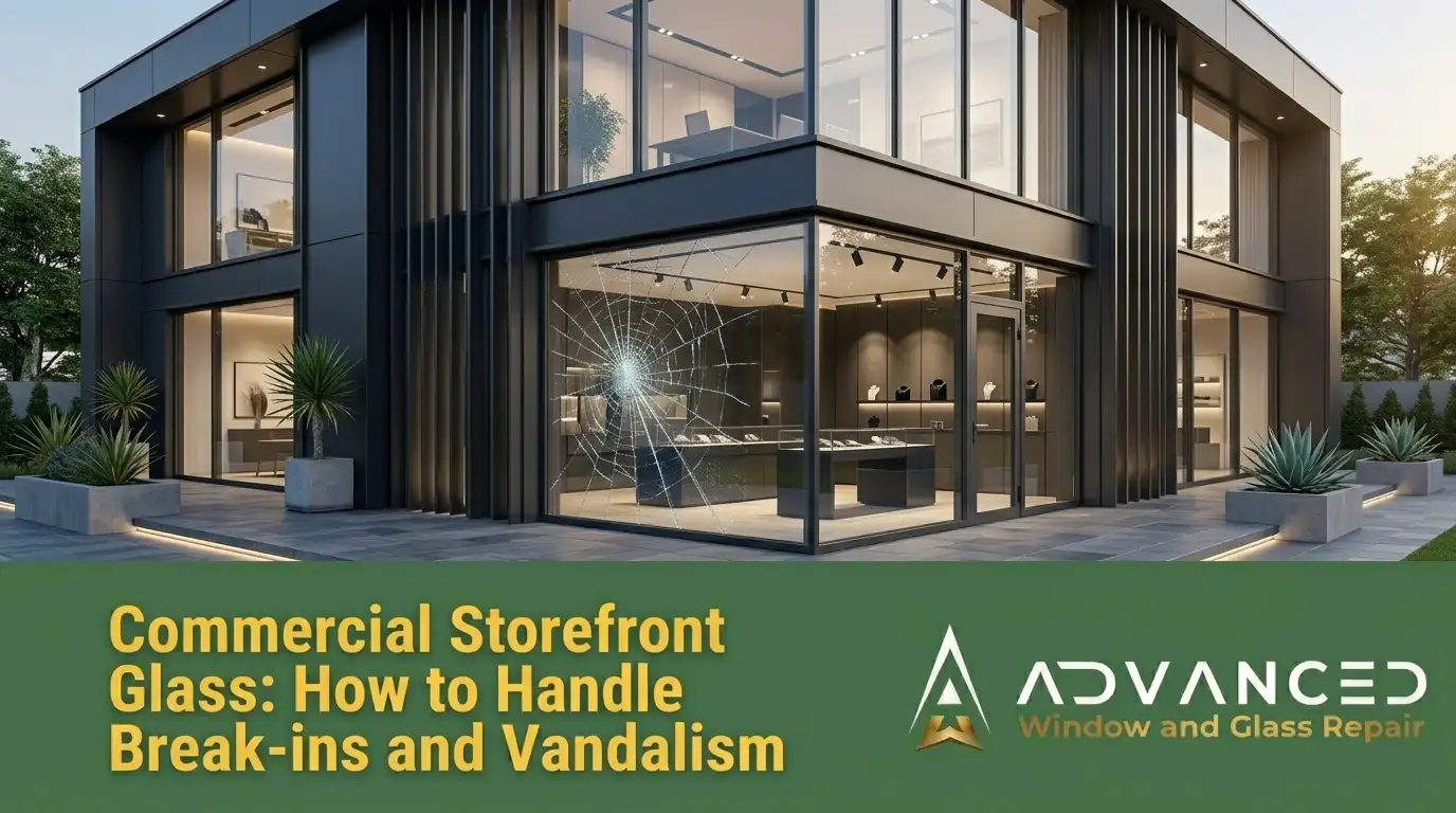 Advanced Window & Glass Repair replacing damaged commercial storefront glass after a break-in at a retail business