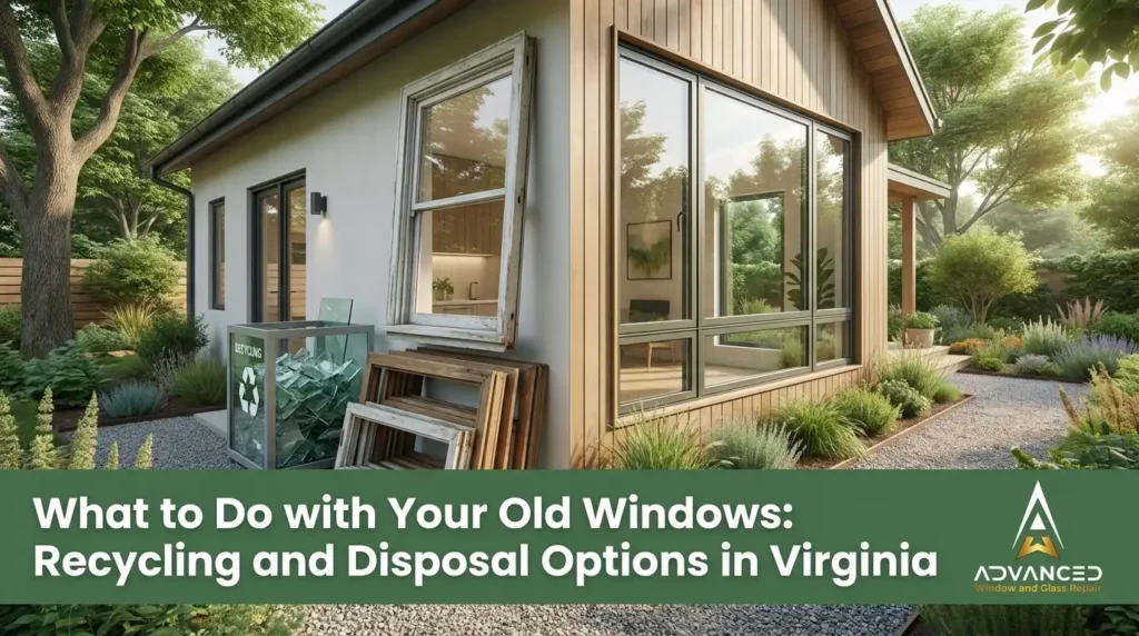 Old window recycling in Virginia with removed residential windows prepared for eco-friendly disposal and recycling