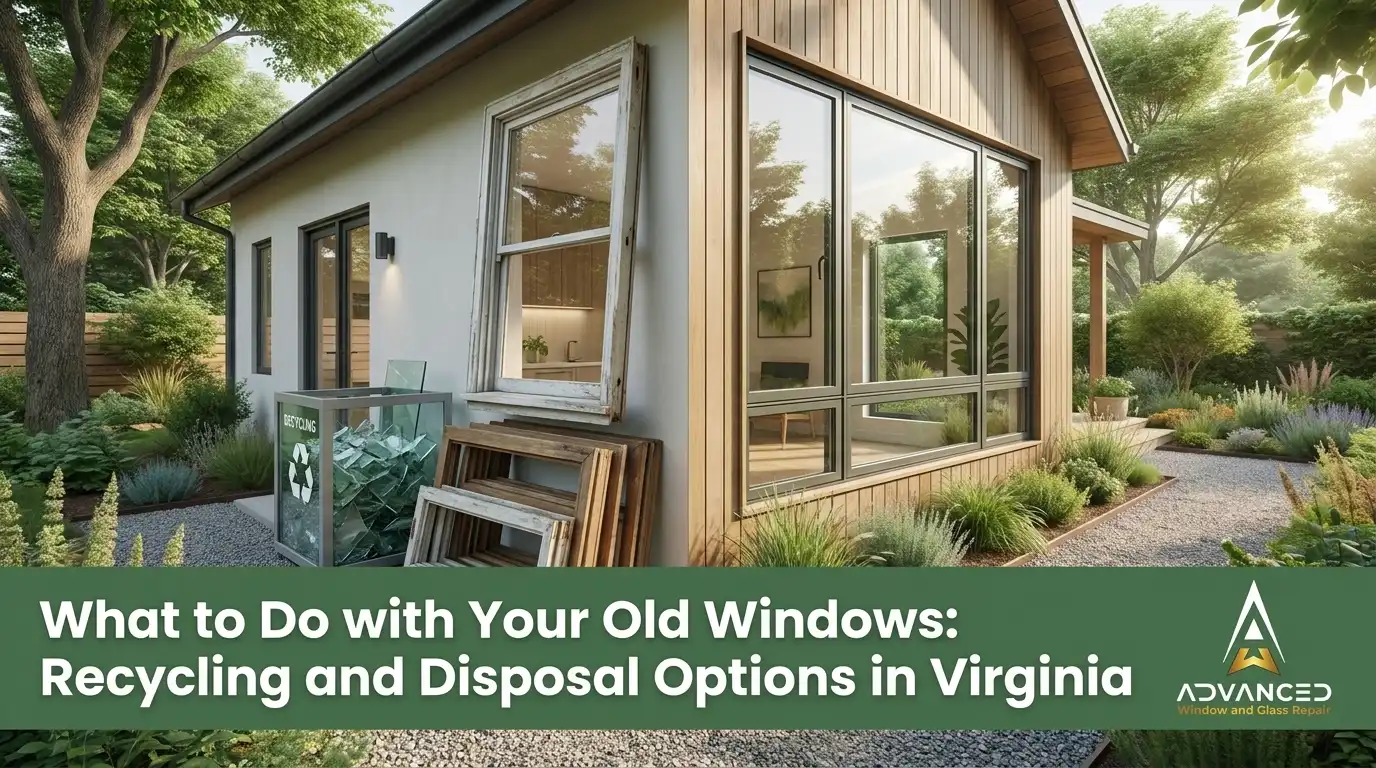 Old window recycling in Virginia with removed residential windows prepared for eco-friendly disposal and recycling