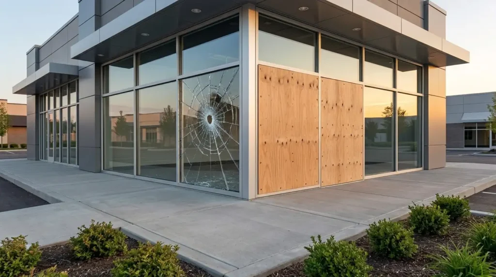 Professional storefront glass repair by Advanced Window & Glass Repair following vandalism to a commercial property
