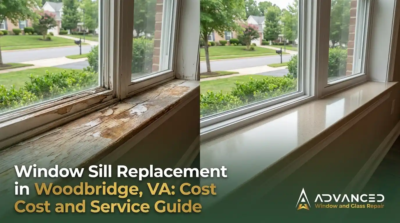 Advanced Window & Glass Repair performing window sill replacement in Woodbridge, VA on a residential property