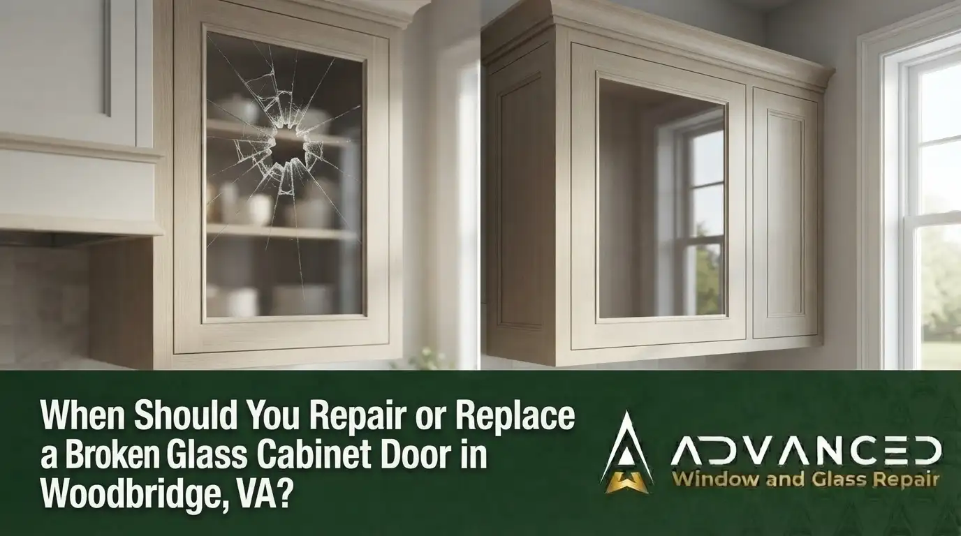 Advanced Window & Glass Repair fixing a broken glass cabinet door in Woodbridge, VA