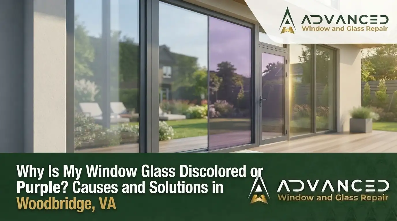 Advanced Window & Glass Repair inspecting discolored window glass in Woodbridge, VA